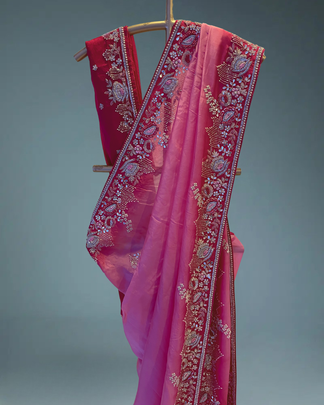 Pure crepe satin silk saree in heavy zardozi handwork in pink color