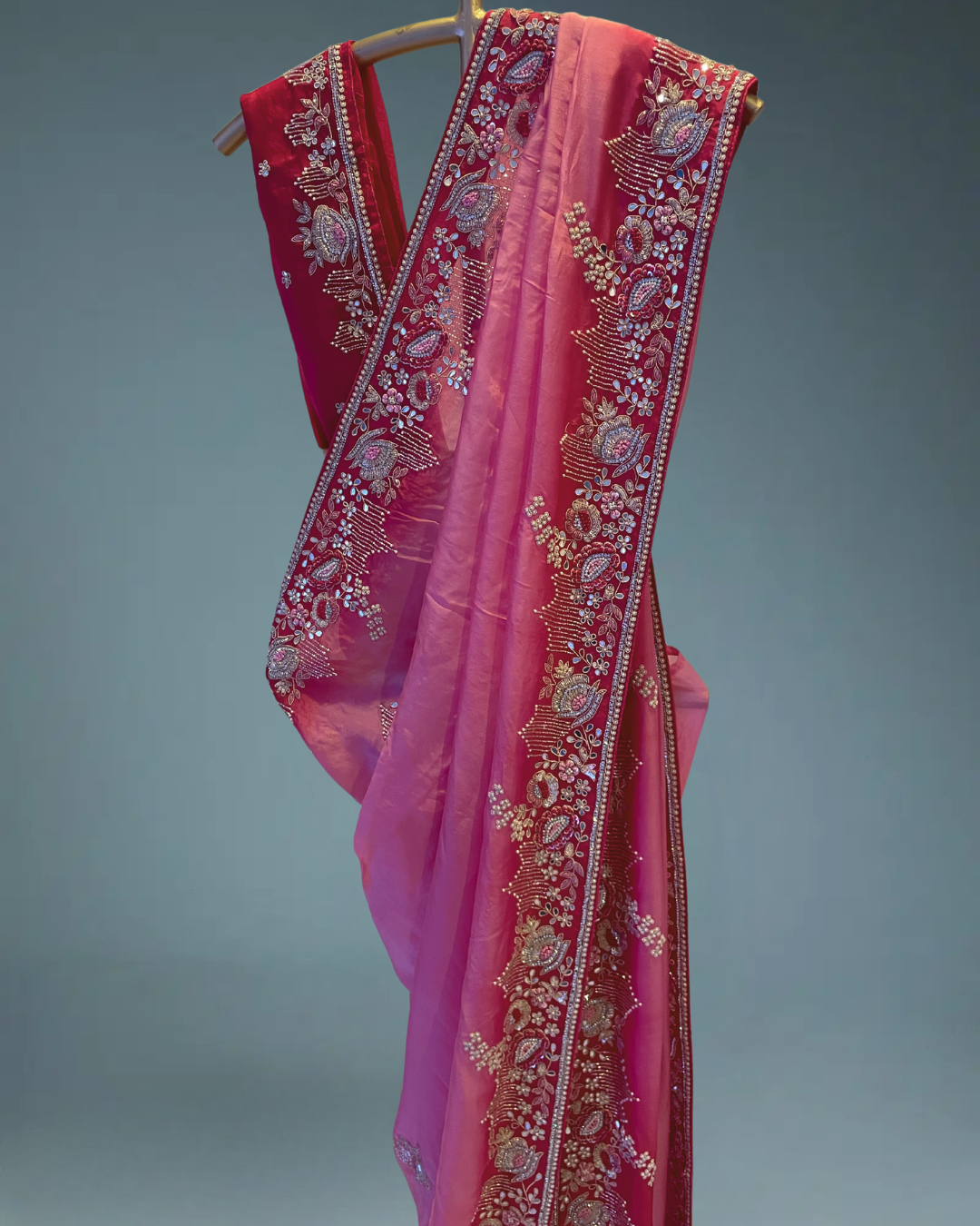 Pure crepe satin silk saree in heavy zardozi handwork in pink color