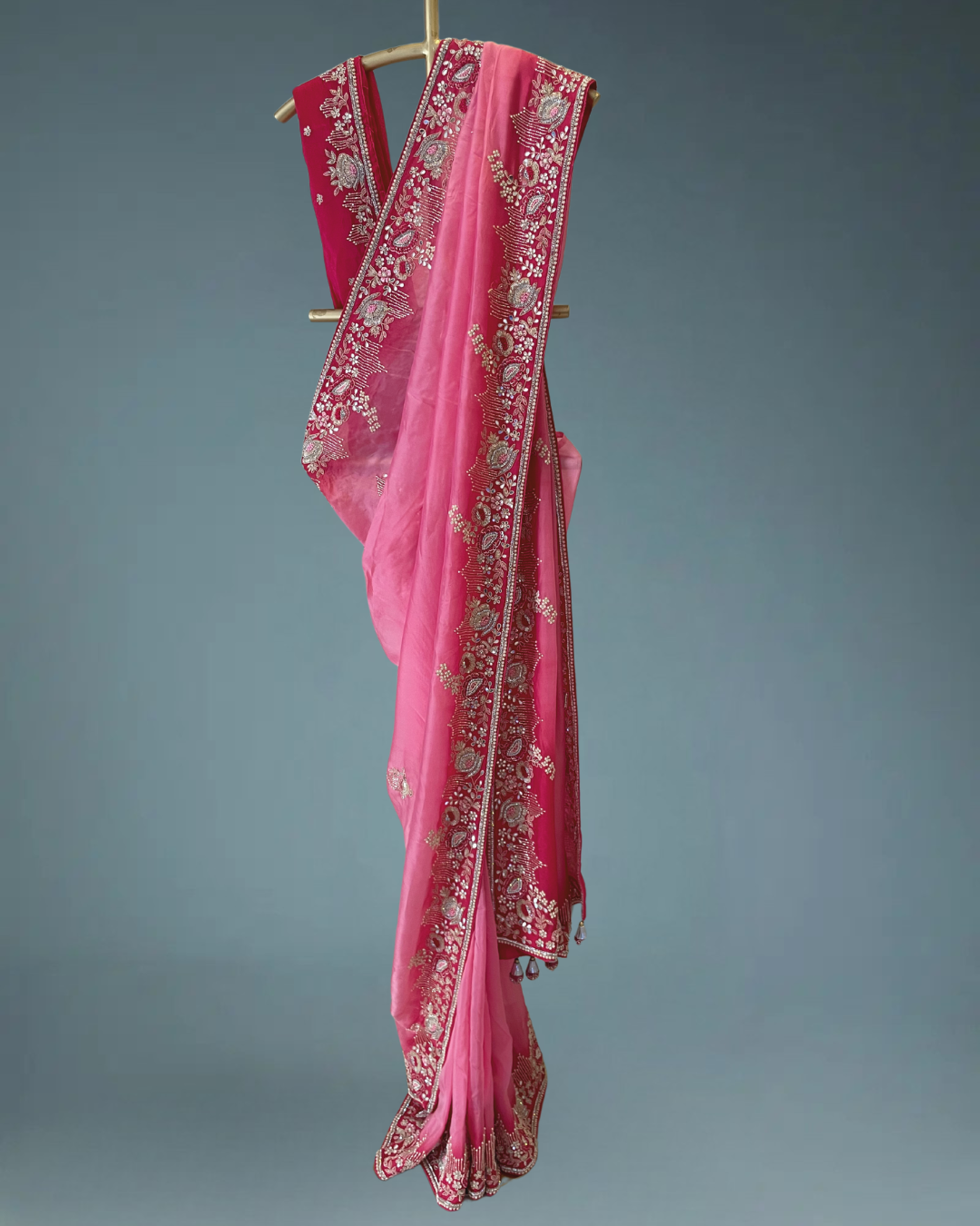 Pure crepe satin silk saree in heavy zardozi handwork in pink color