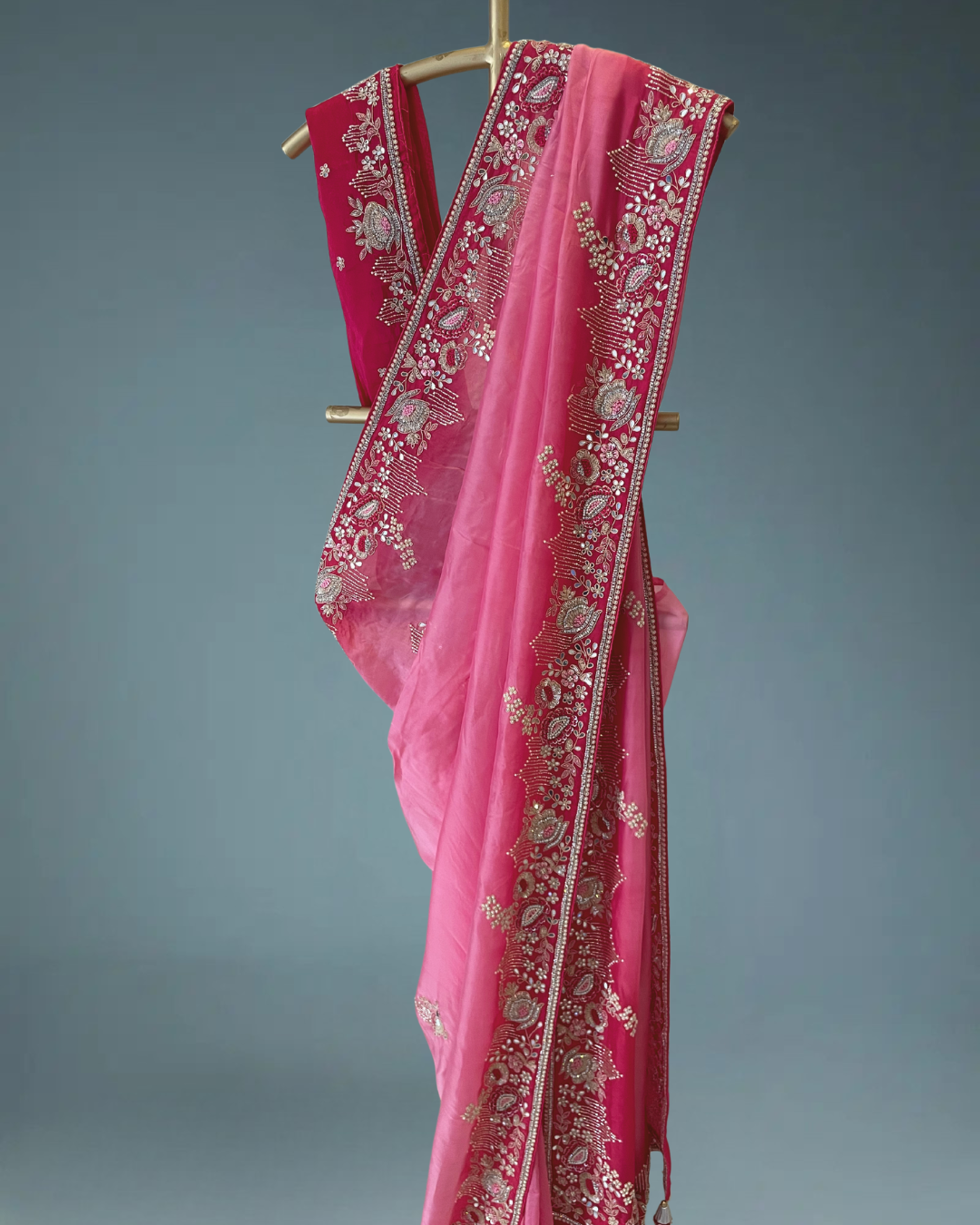 Pure crepe satin silk saree in heavy zardozi handwork in pink color