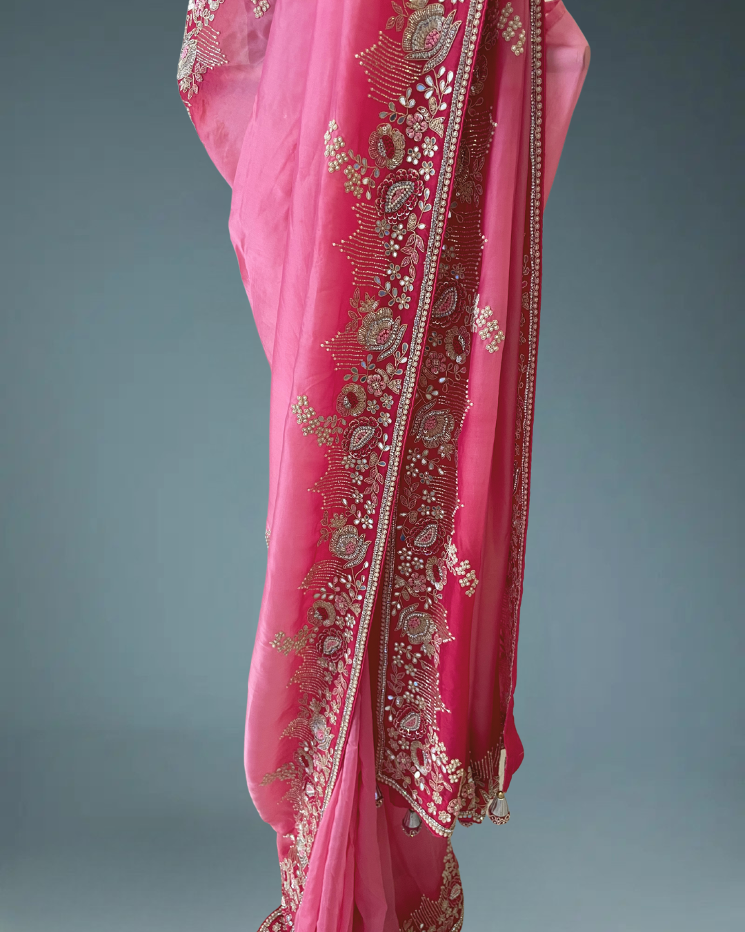 Pure crepe satin silk saree in heavy zardozi handwork in pink color