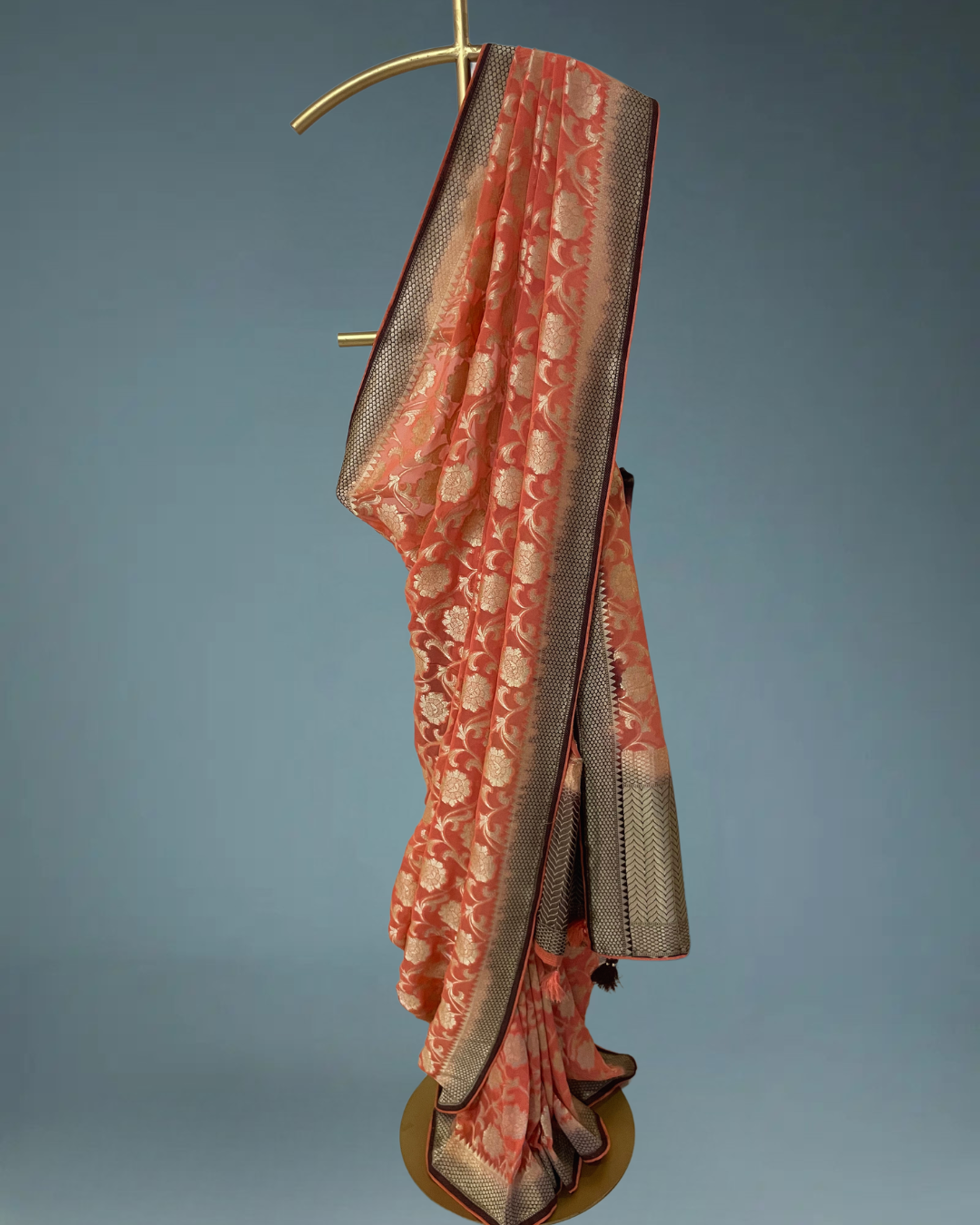 Banarasi Georgette Saree in peach color in floral weaving jaal in water zari