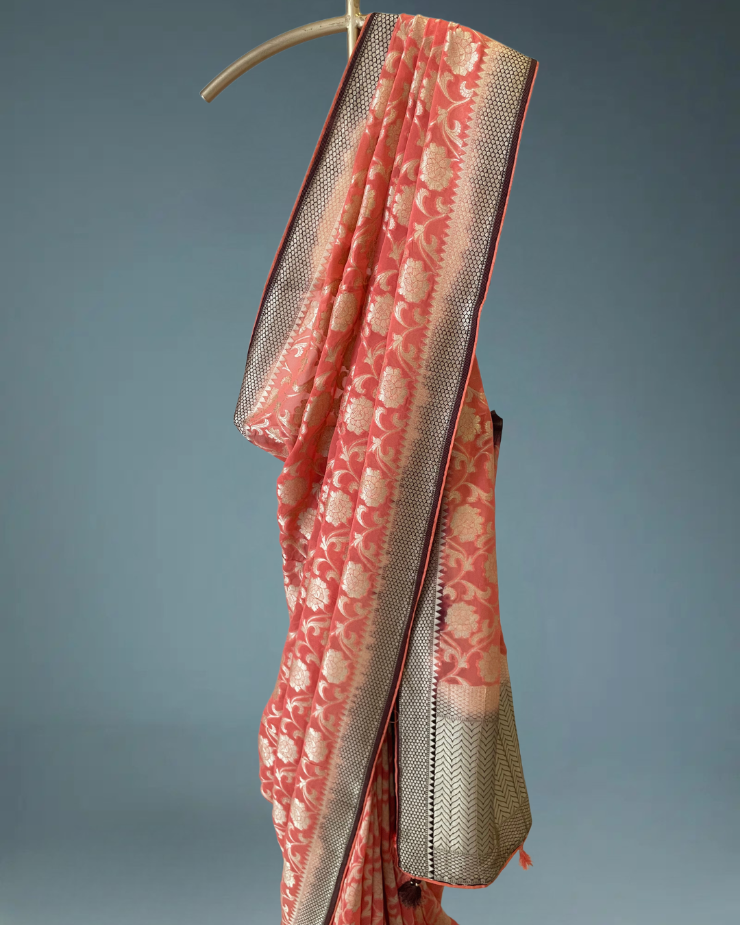 Banarasi Georgette Saree in peach color in floral weaving jaal in water zari