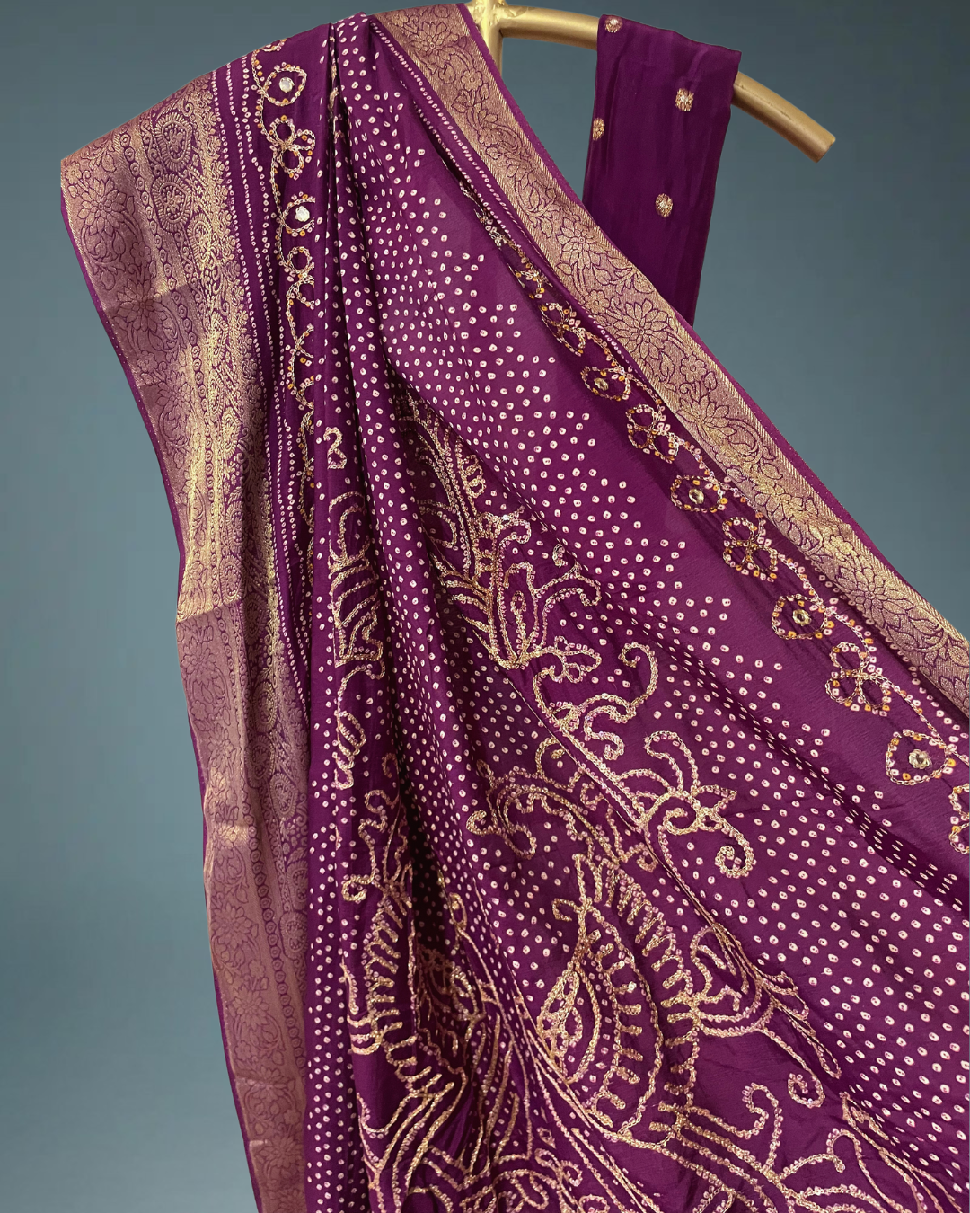 Pure banarasi munga silk bandhej saree in hand dabka work and peacock motifs