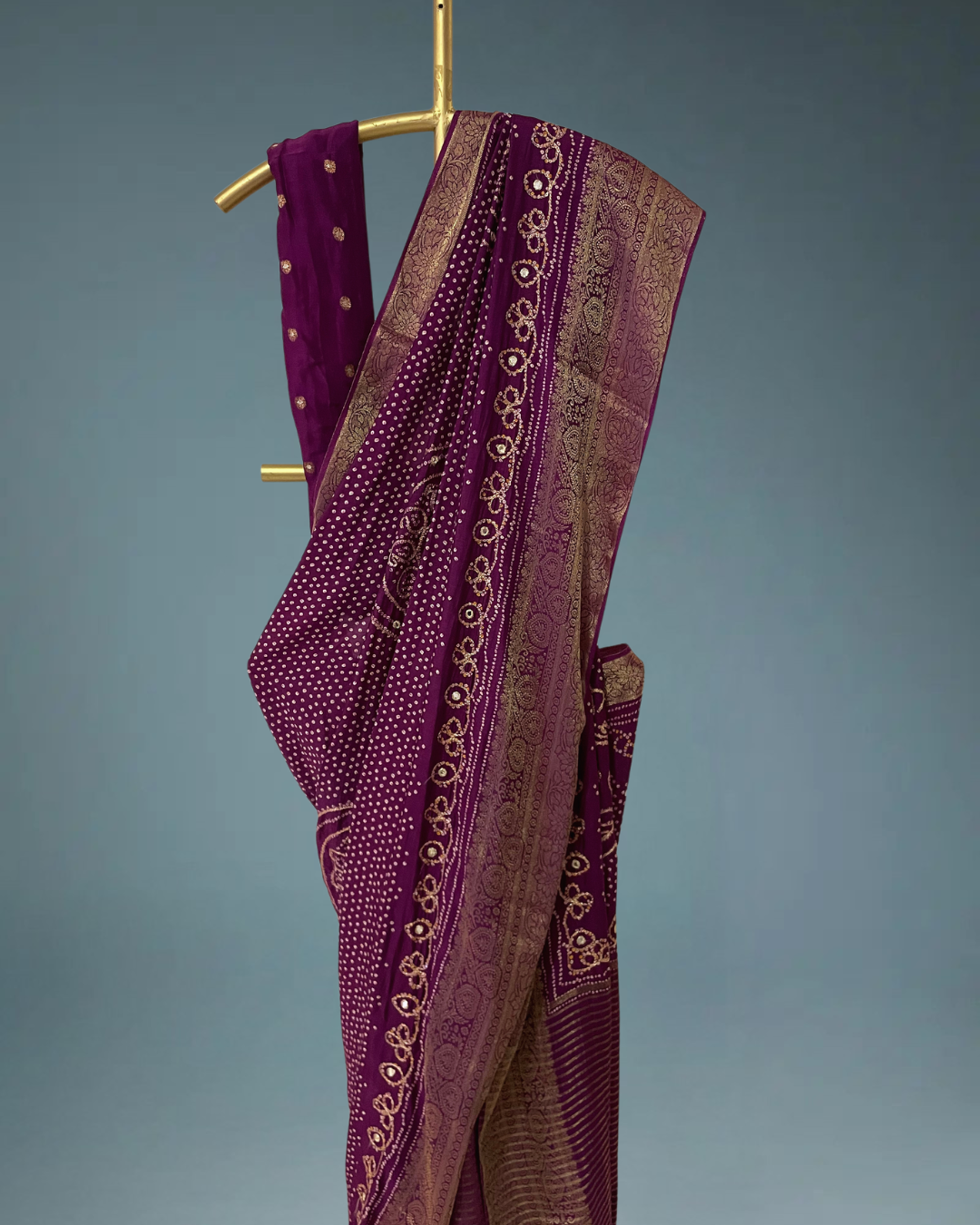 Pure banarasi munga silk bandhej saree in hand dabka work and peacock motifs