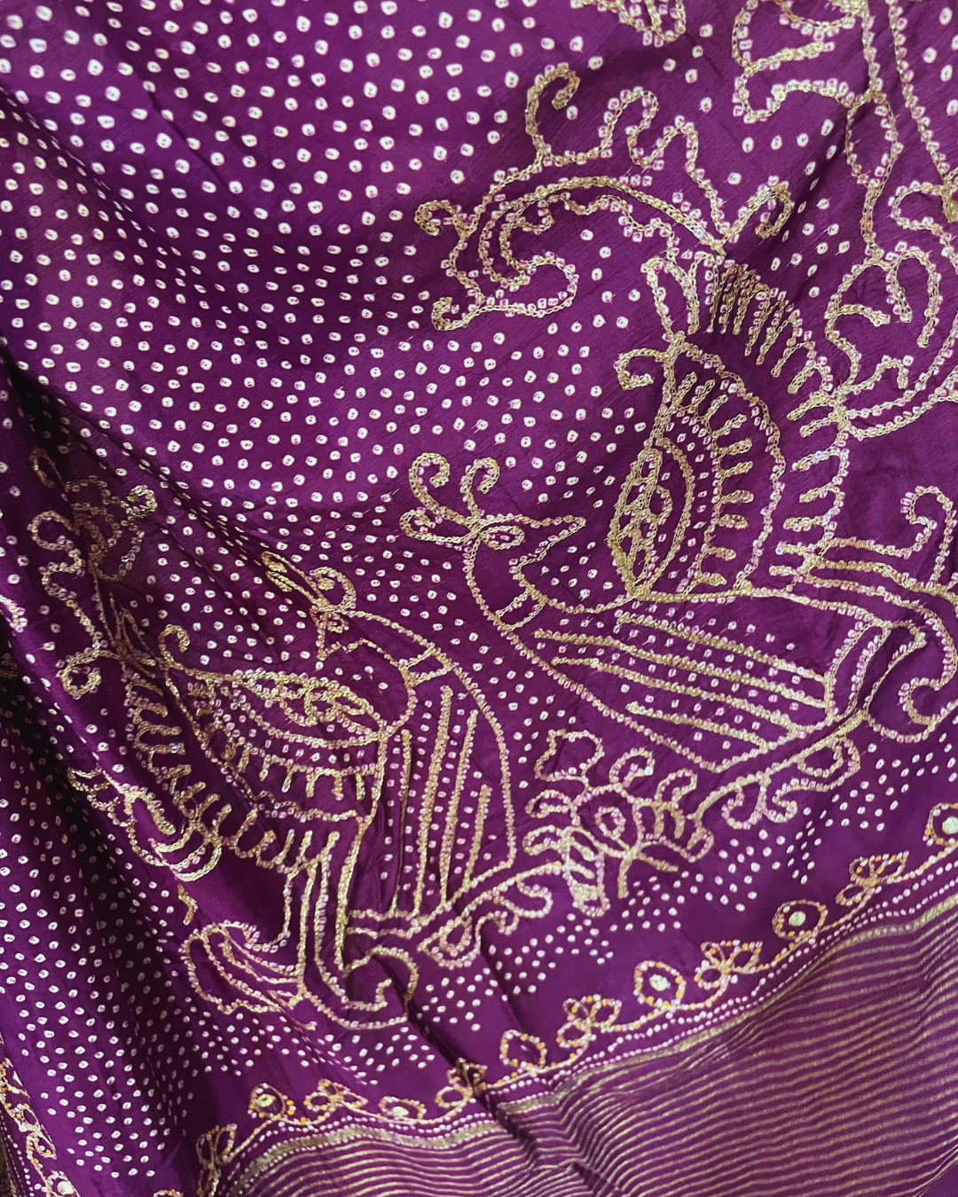 Pure banarasi munga silk bandhej saree in hand dabka work and peacock motifs