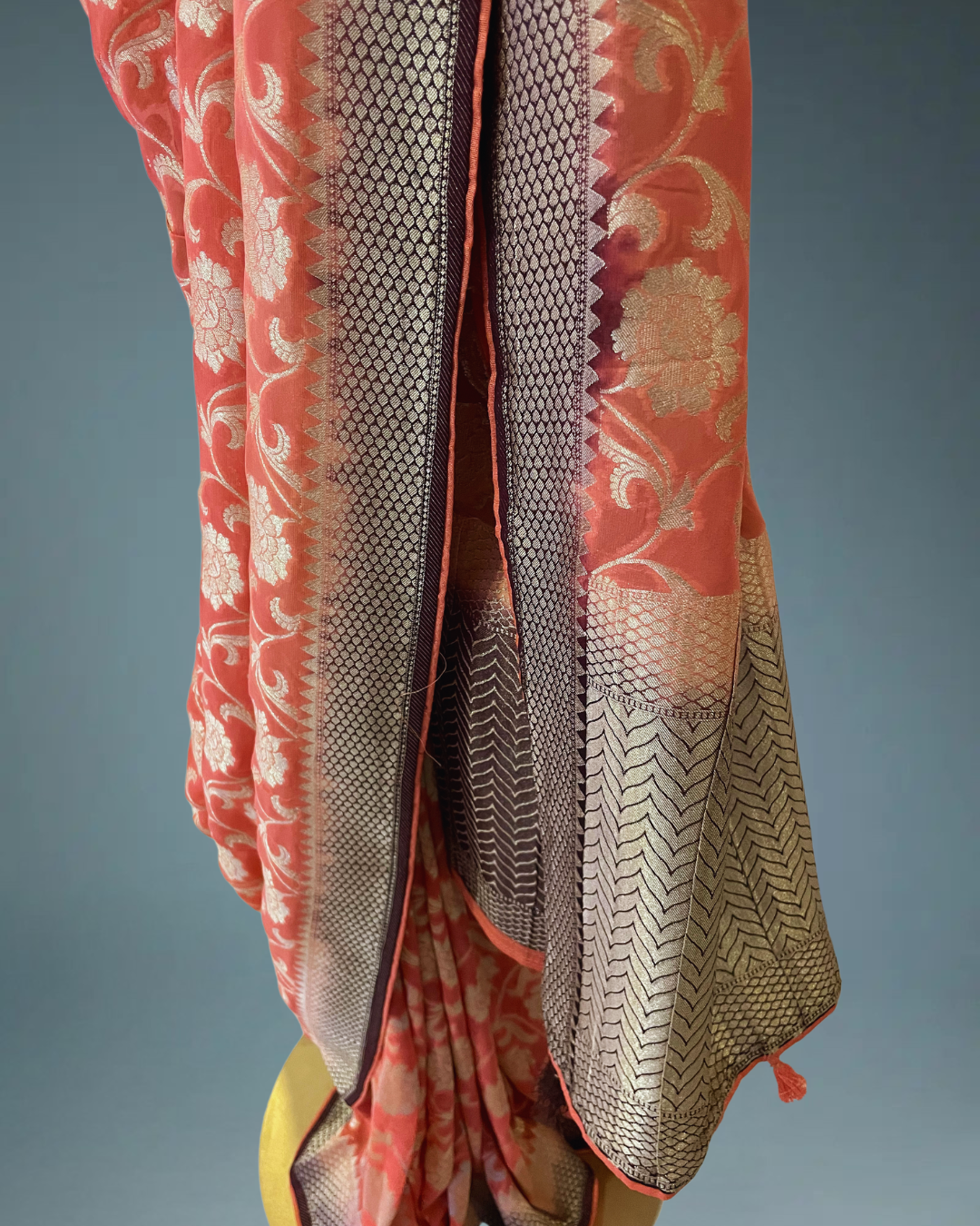 Banarasi Georgette Saree in peach color in floral weaving jaal in water zari