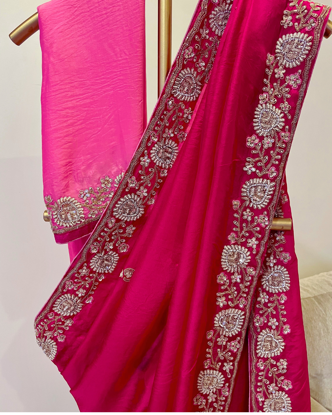 Pure crepe silk saree in heavy zardozi handwork in hot pink color