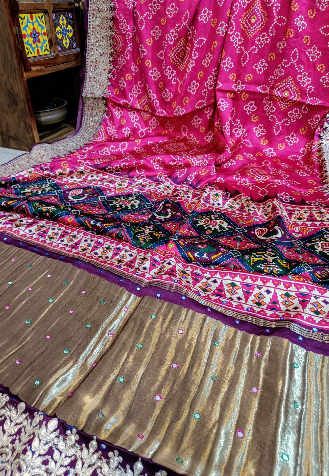 Banarasi Gajji Satin Silk Hand painted Bandhej Saree in all over gota patti hand work - Kalyanam By Swati