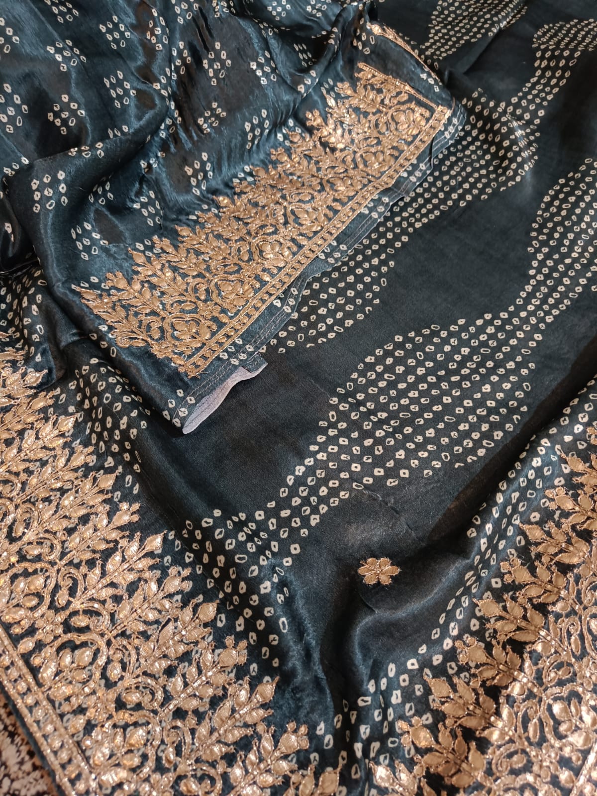 Banarasi Gajji Satin Silk Hand painted Bandhej Saree in all over gota patti hand work - Kalyanam By Swati