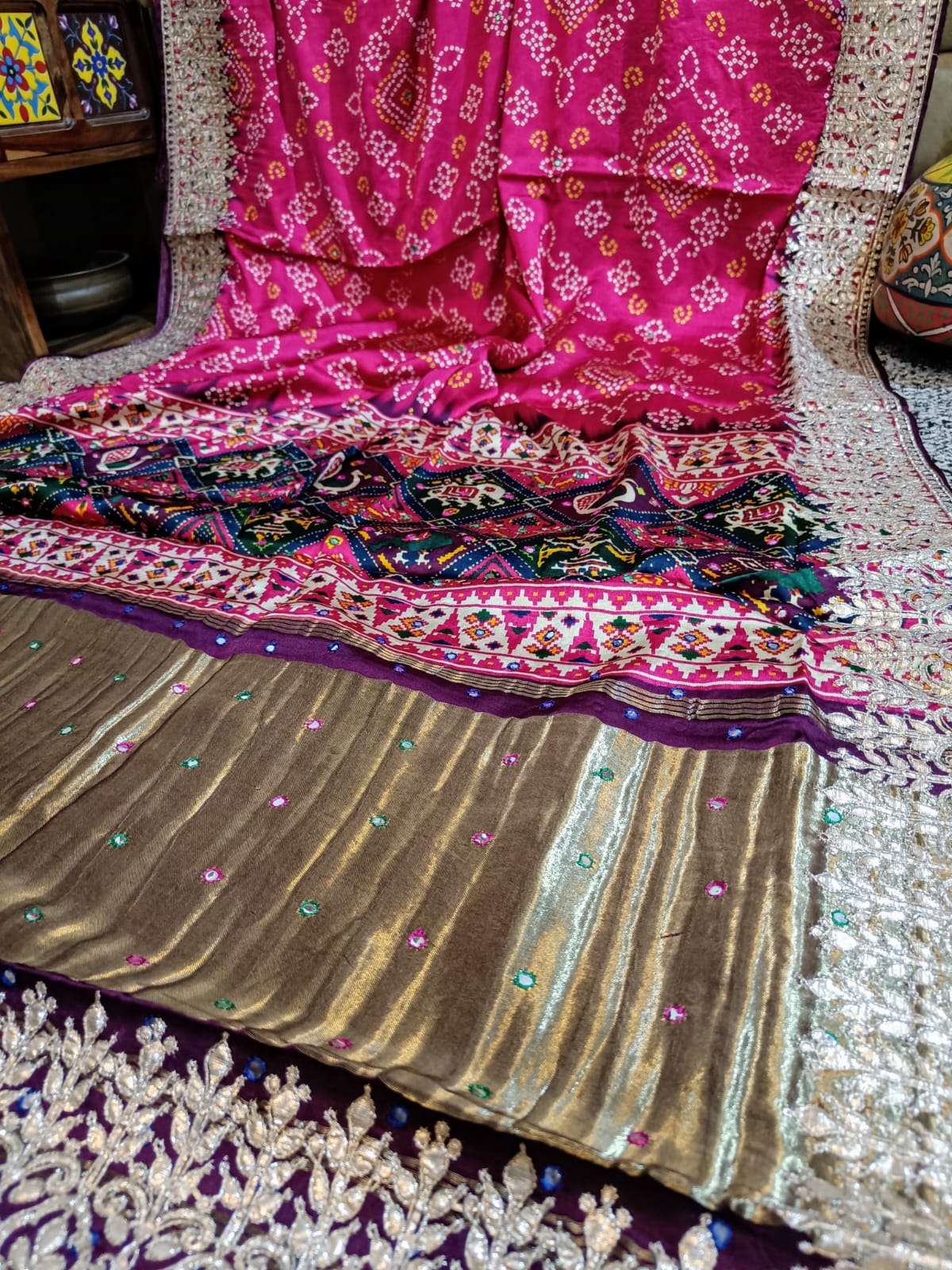 Banarasi Gajji Satin Silk Hand painted Bandhej Saree in all over gota patti hand work - Kalyanam By Swati