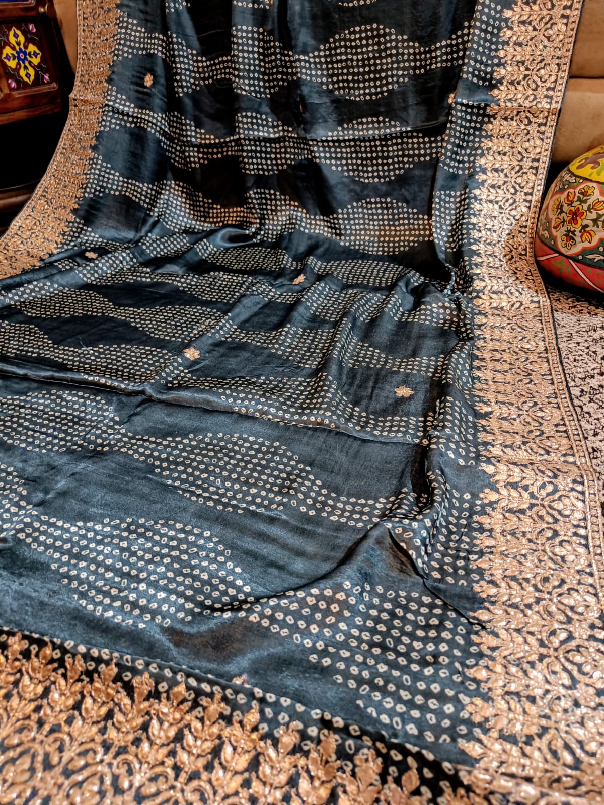 Banarasi Gajji Satin Silk Hand painted Bandhej Saree in all over gota patti hand work - Kalyanam By Swati