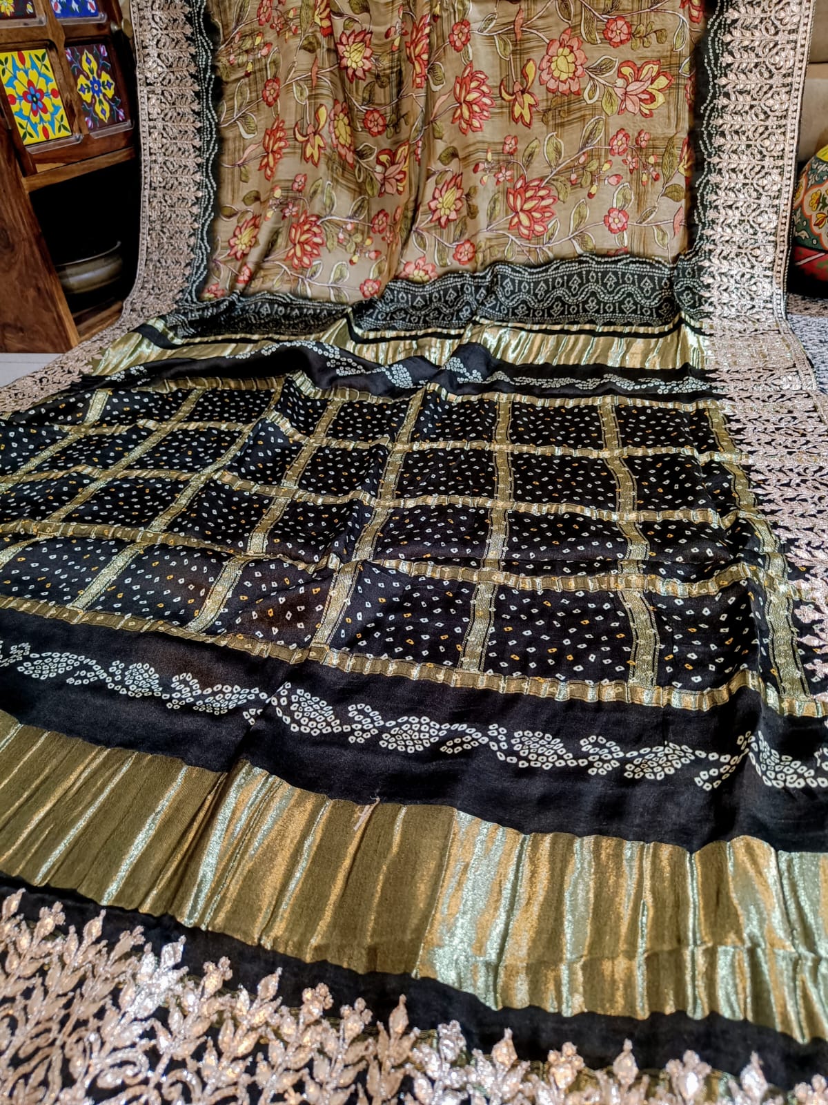 Banarasi Gajji Satin Silk Hand painted Bandhej Saree in all over gota patti hand work - Kalyanam By Swati