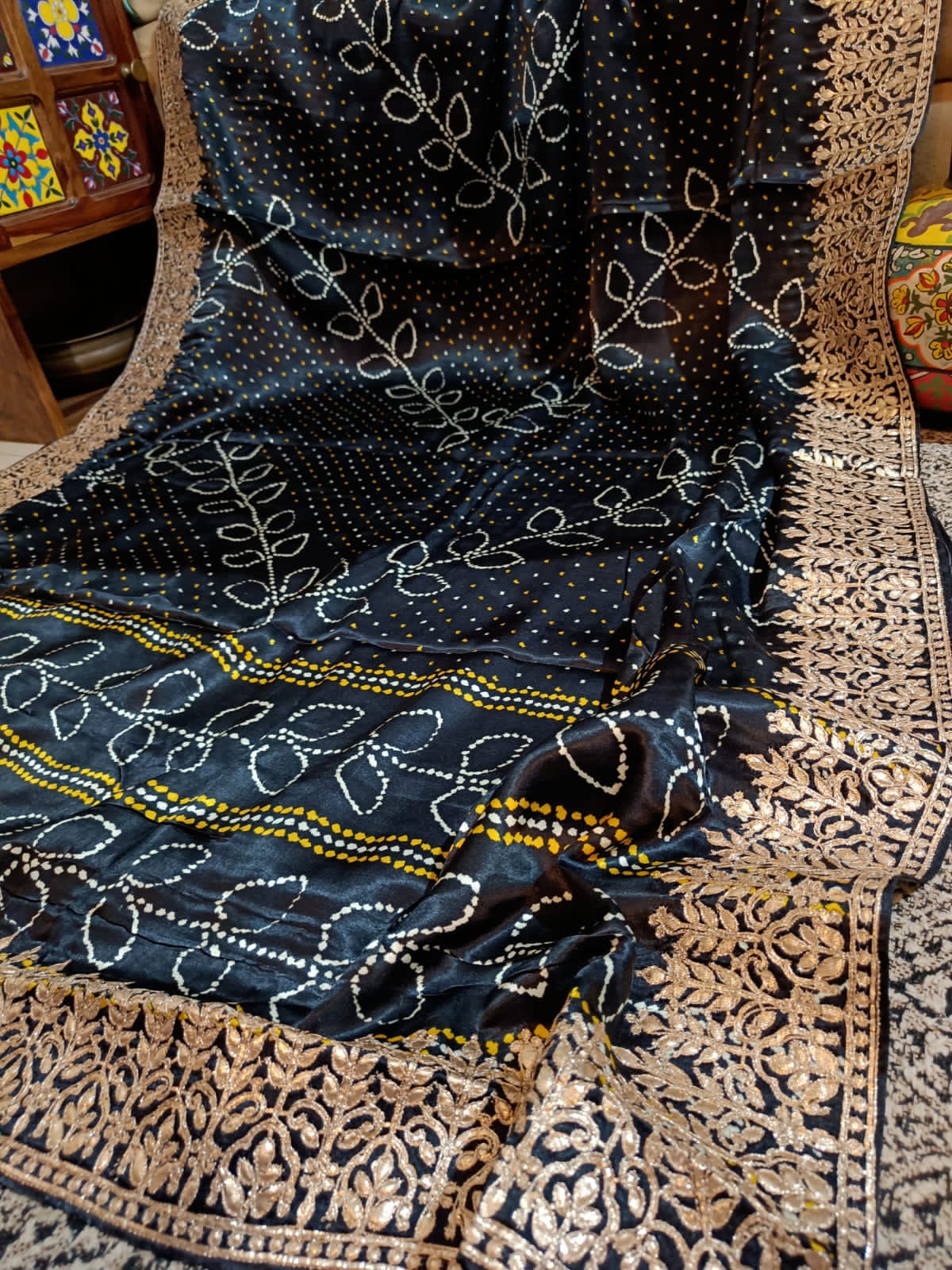 Banarasi Gajji Satin Silk Hand painted Bandhej Saree in all over gota patti hand work - Kalyanam By Swati