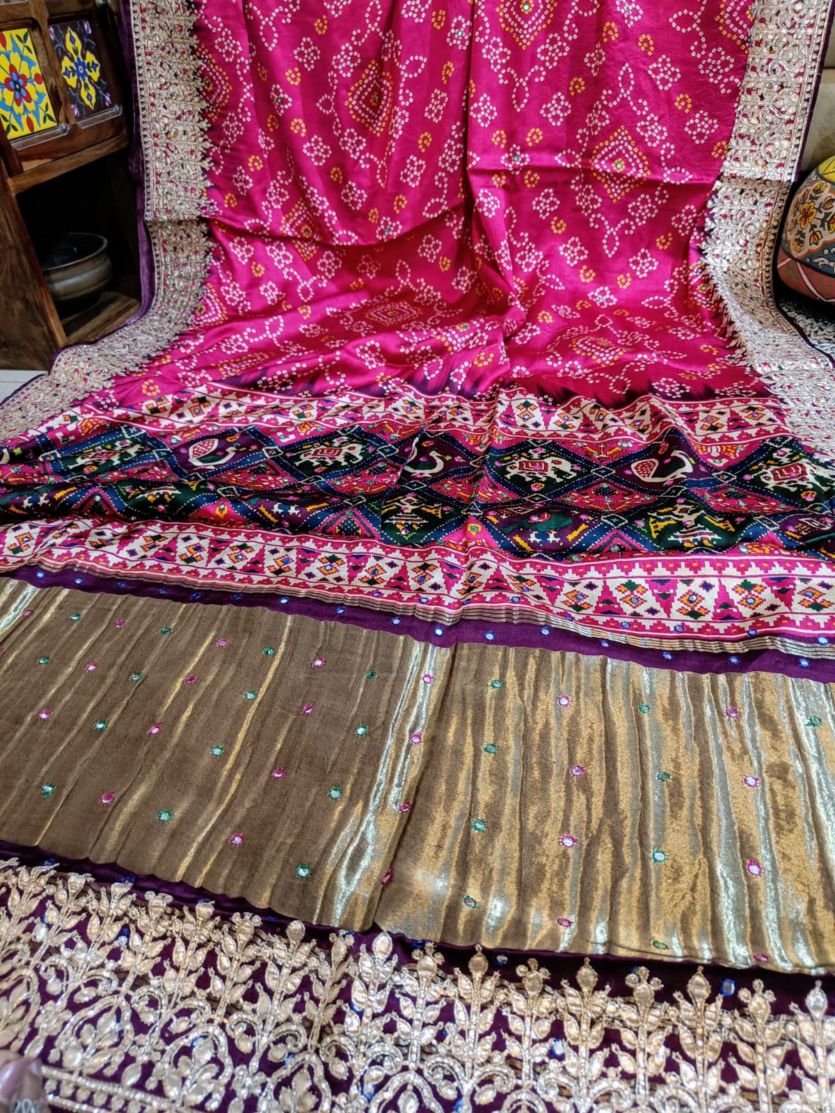 Banarasi Gajji Satin Silk Hand painted Bandhej Saree in all over gota patti hand work - Kalyanam By Swati