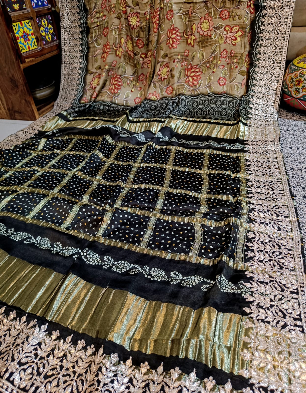 Banarasi Gajji Satin Silk Hand painted Bandhej Saree in all over gota patti hand work - Kalyanam By Swati