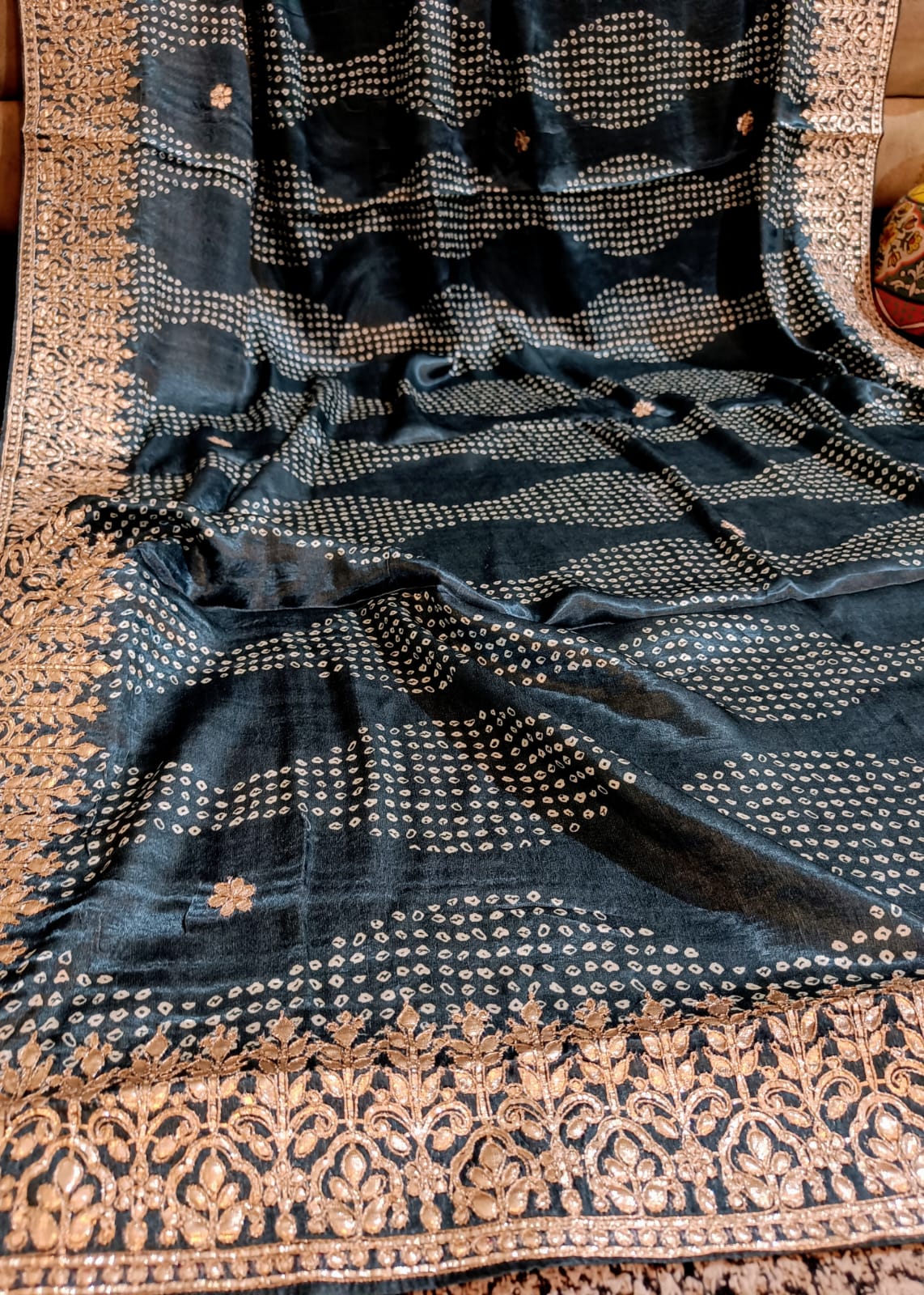 Banarasi Gajji Satin Silk Hand painted Bandhej Saree in all over gota patti hand work - Kalyanam By Swati