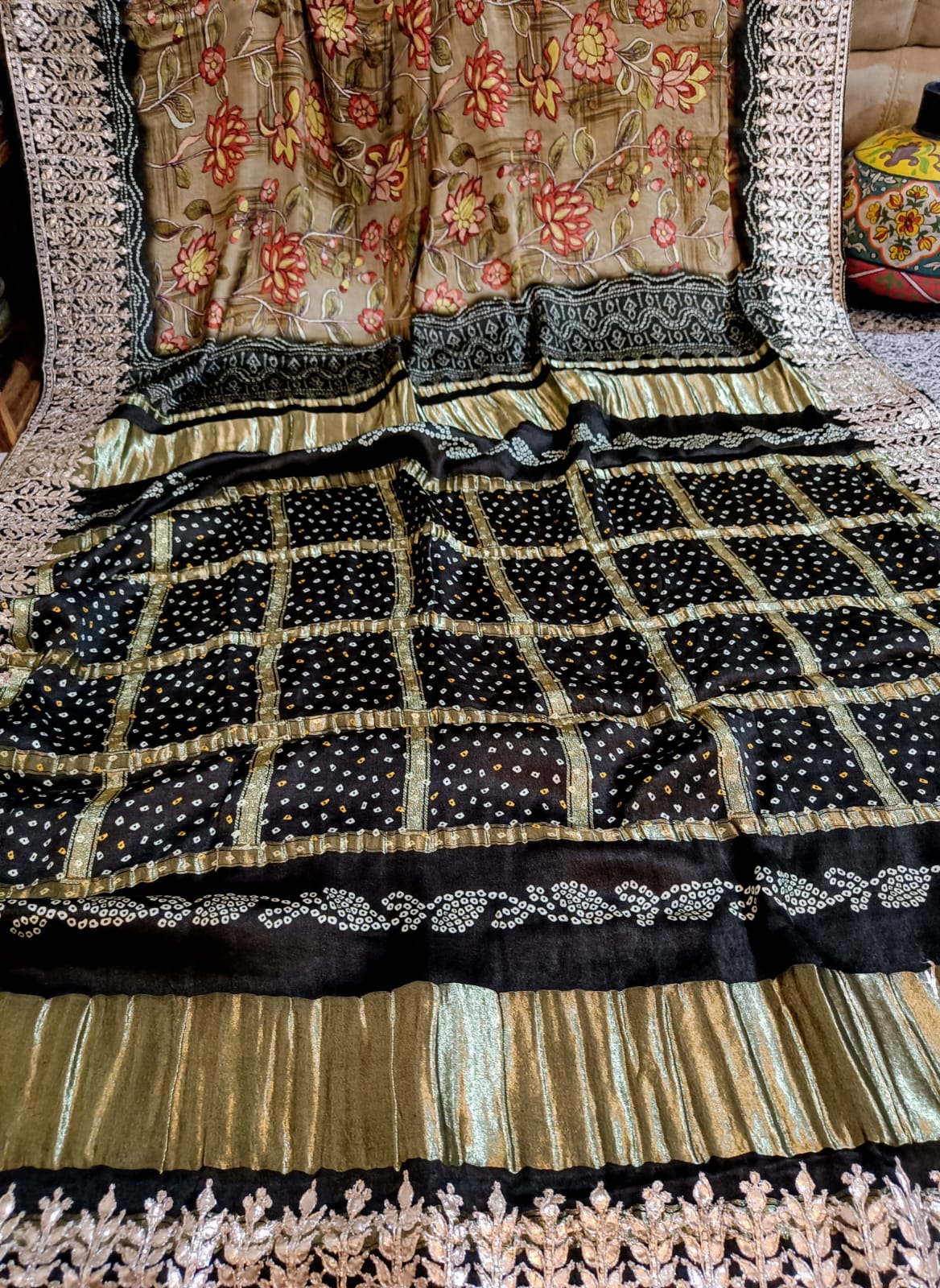 Banarasi Gajji Satin Silk Hand painted Bandhej Saree in all over gota patti hand work - Kalyanam By Swati