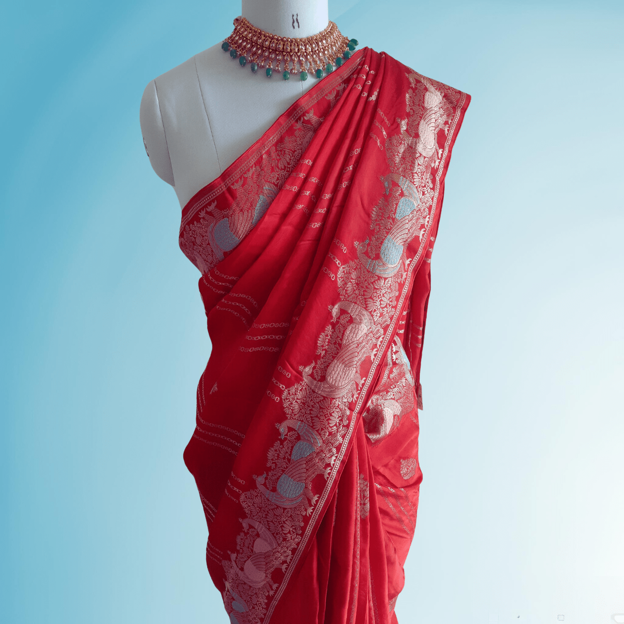 Banarasi Satin Mashru Silk Saree in peacock meenakari zari motifs - Kalyanam By Swati