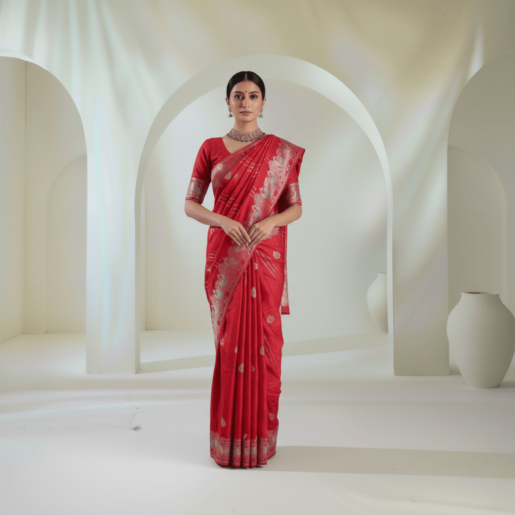 Banarasi Satin Mashru Silk Saree in peacock meenakari zari motifs - Kalyanam By Swati