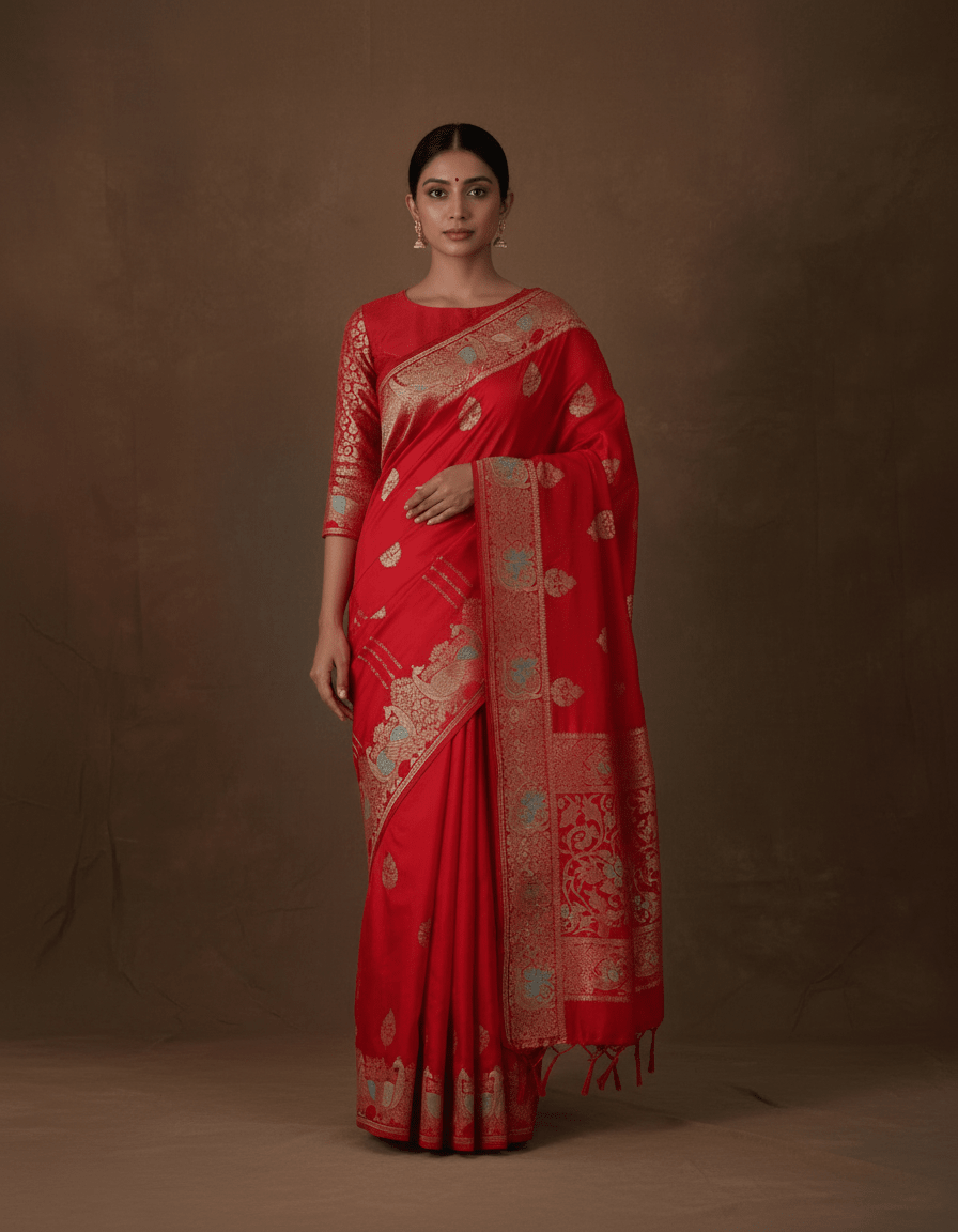 Banarasi Satin Mashru Silk Saree in peacock meenakari zari motifs - Kalyanam By Swati