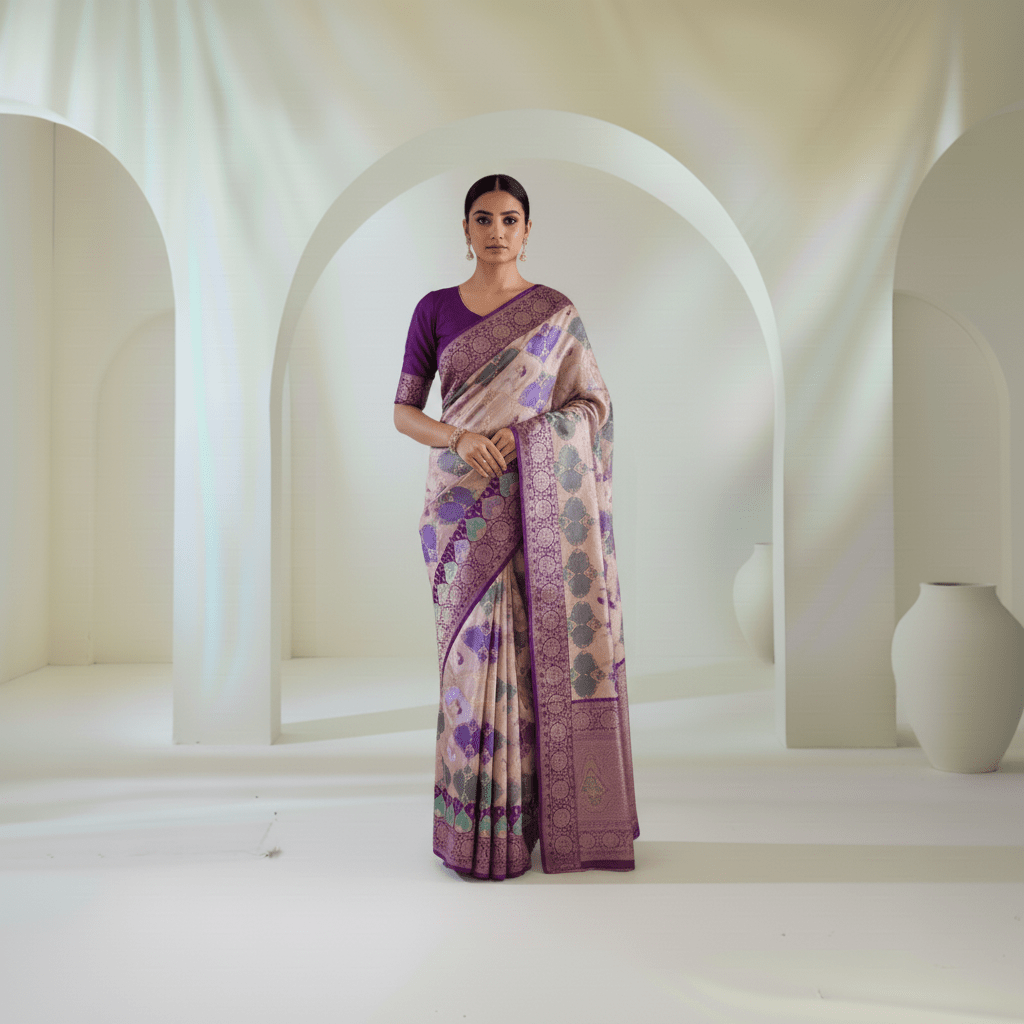 Banarasi Satin Mashru Silk Saree in Rangkaat Meenakari Zari Weaving - Kalyanam By Swati