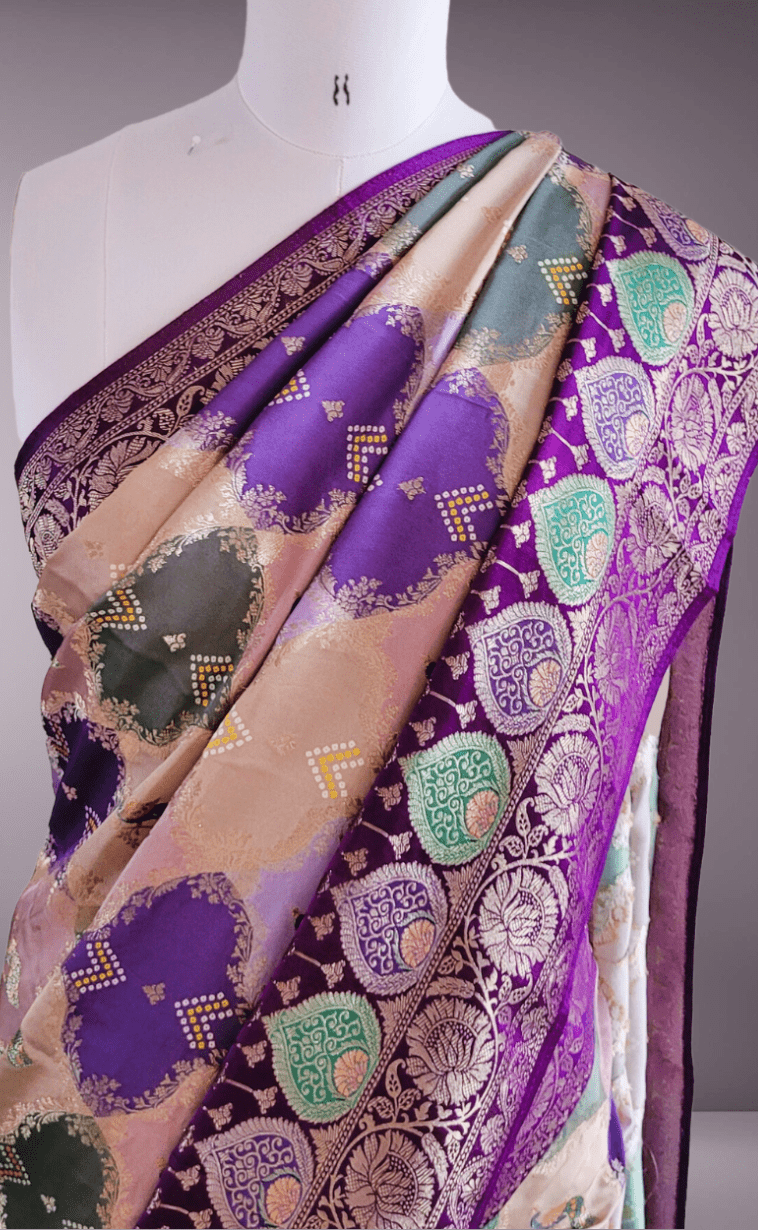 Banarasi Satin Mashru Silk Saree in Rangkaat Meenakari Zari Weaving - Kalyanam By Swati