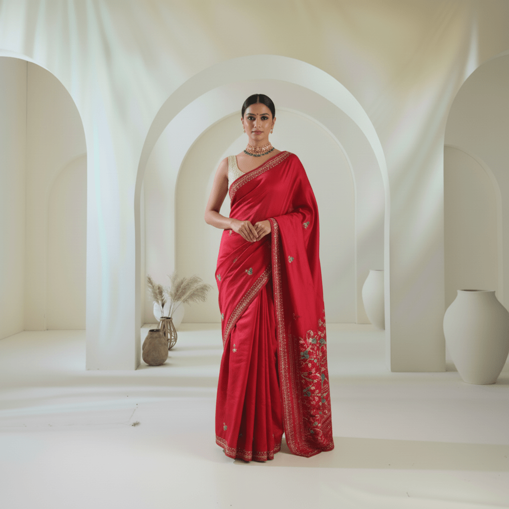 Blended Tussar Silk Saree in French knot & Kantha hand embroidery - Kalyanam By Swati