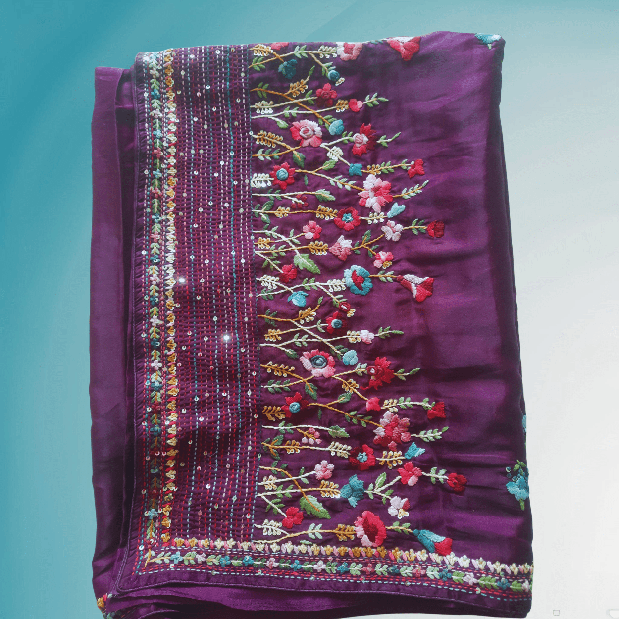 Blended Tussar Silk Saree in French knot & Kantha hand embroidery - Kalyanam By Swati