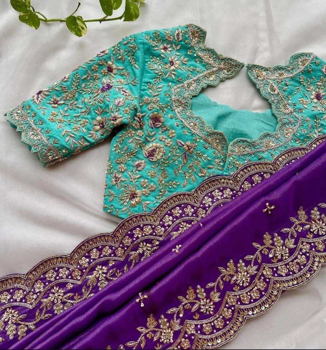 Designer crepe silk saree with handmade contrast designer party wear blouse - Kalyanam By Swati