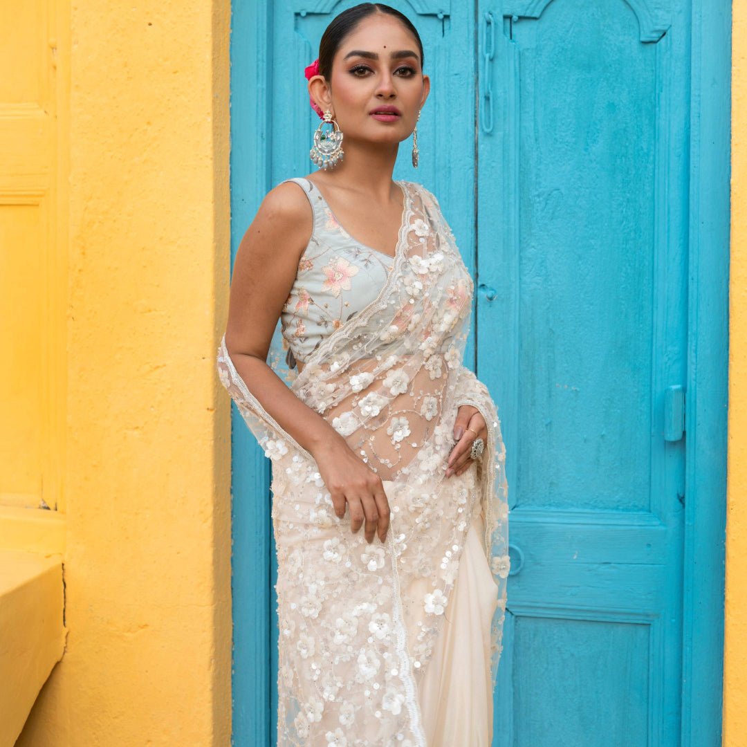 Designer Party wear Half and Half Net saree in off - white(Cream)& Wine Purple - Kalyanam By Swati