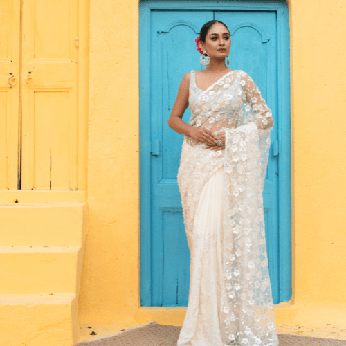 Designer Party wear Half and Half Net saree in off - white(Cream)& Wine Purple - Kalyanam By Swati