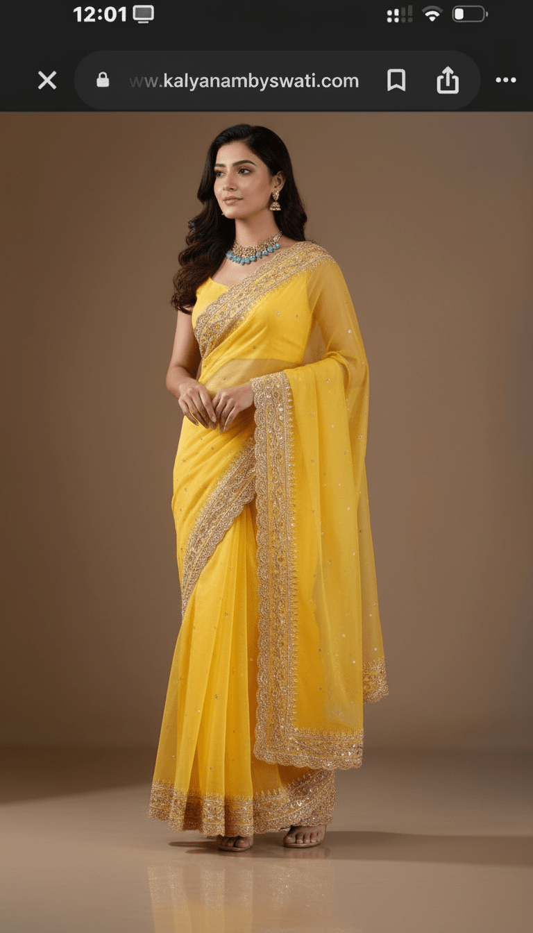 Haldi Yellow Designer Organza Saree | Hand - Embroidered Zardozi Scalloped Work - Kalyanam By Swati
