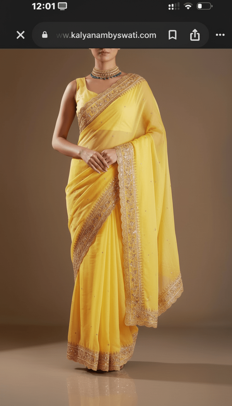 Haldi Yellow Designer Organza Saree | Hand - Embroidered Zardozi Scalloped Work - Kalyanam By Swati