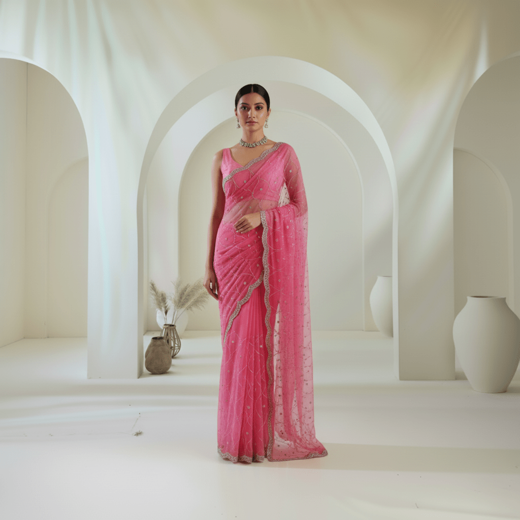 Net Saree in stone and cutdana jaal handwork all over saree in pink color - Kalyanam By Swati