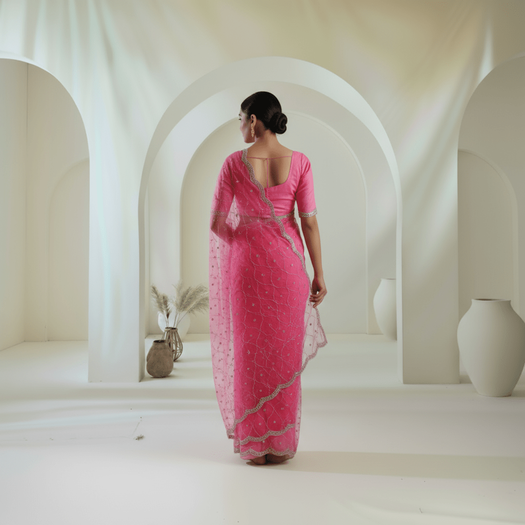 Net Saree in stone and cutdana jaal handwork all over saree in pink color - Kalyanam By Swati
