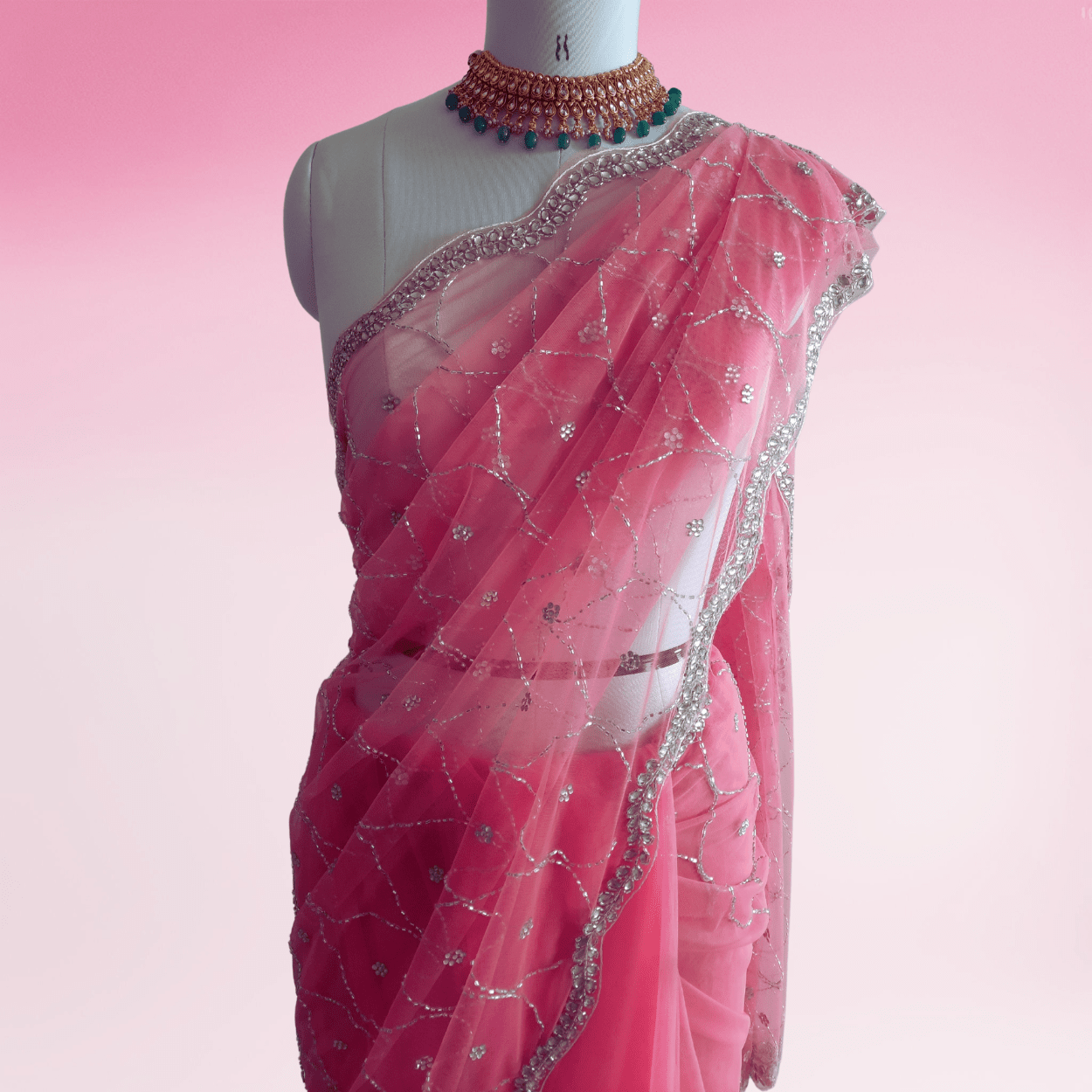 Net Saree in stone and cutdana jaal handwork all over saree in pink color - Kalyanam By Swati