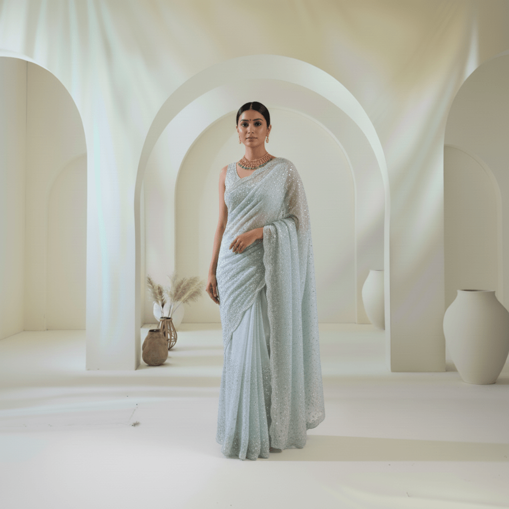 Party Wear Pure Organza Designer Cocktail Saree in heavy water sequins, pearls and cut dana hand work - Kalyanam By Swati