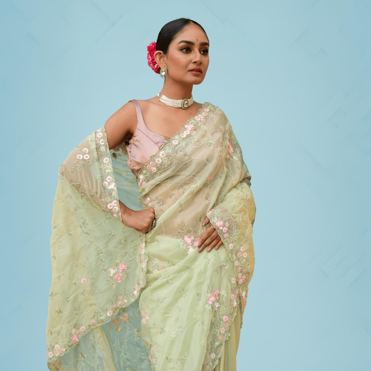 Party Wear Pure Organza Saree in pastel shades - Kalyanam By Swati
