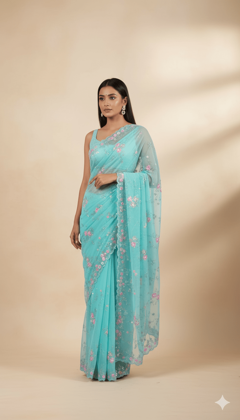 Pastel Sea Blue Party Wear Pure Organza Saree - Kalyanam By Swati