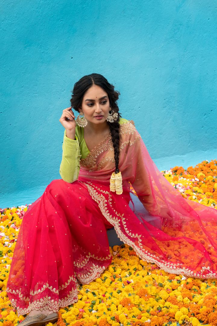 Pink color Pure Organza Saree in heavy handwork - Kalyanam By Swati