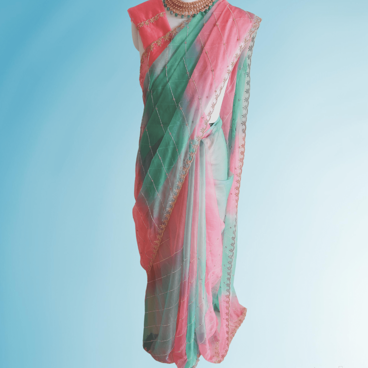 Pink shaded Pure Organza Saree in cutdana and stones handwork - Kalyanam By Swati