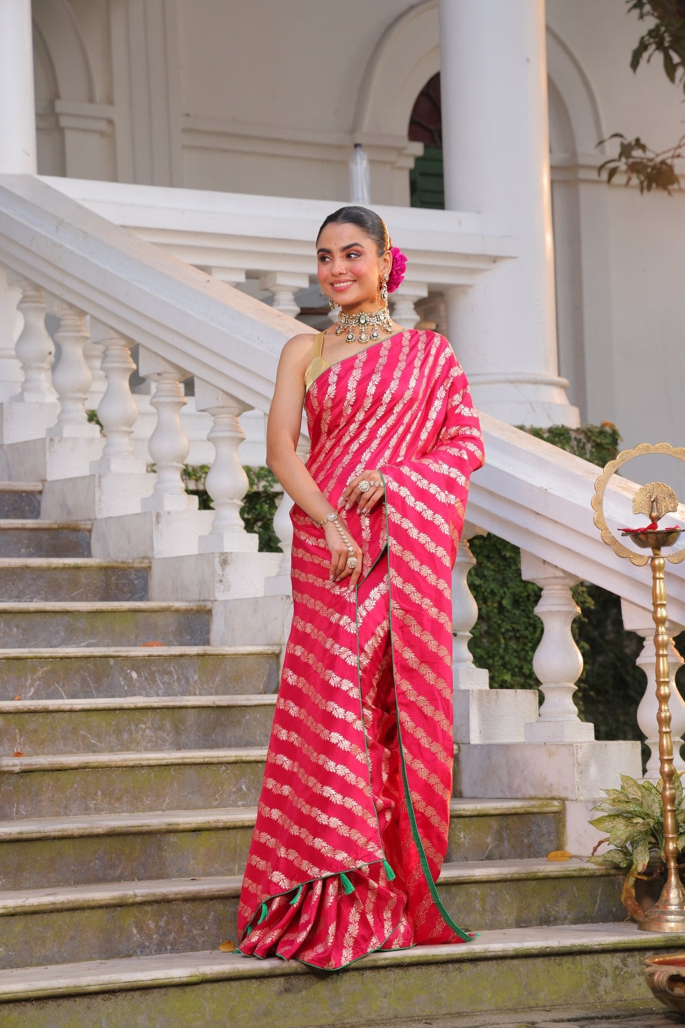 Pure Banarasi Crepe Silk Saree in Leheriya Style Hand Zari Weaving - Kalyanam By Swati