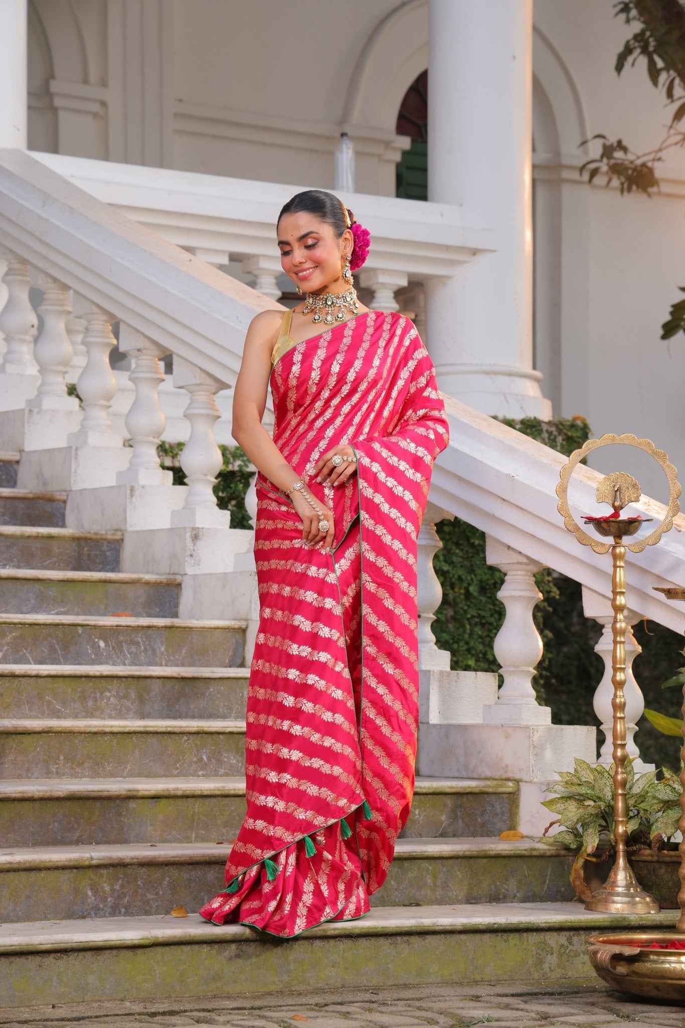 Pure Banarasi Crepe Silk Saree in Leheriya Style Hand Zari Weaving - Kalyanam By Swati