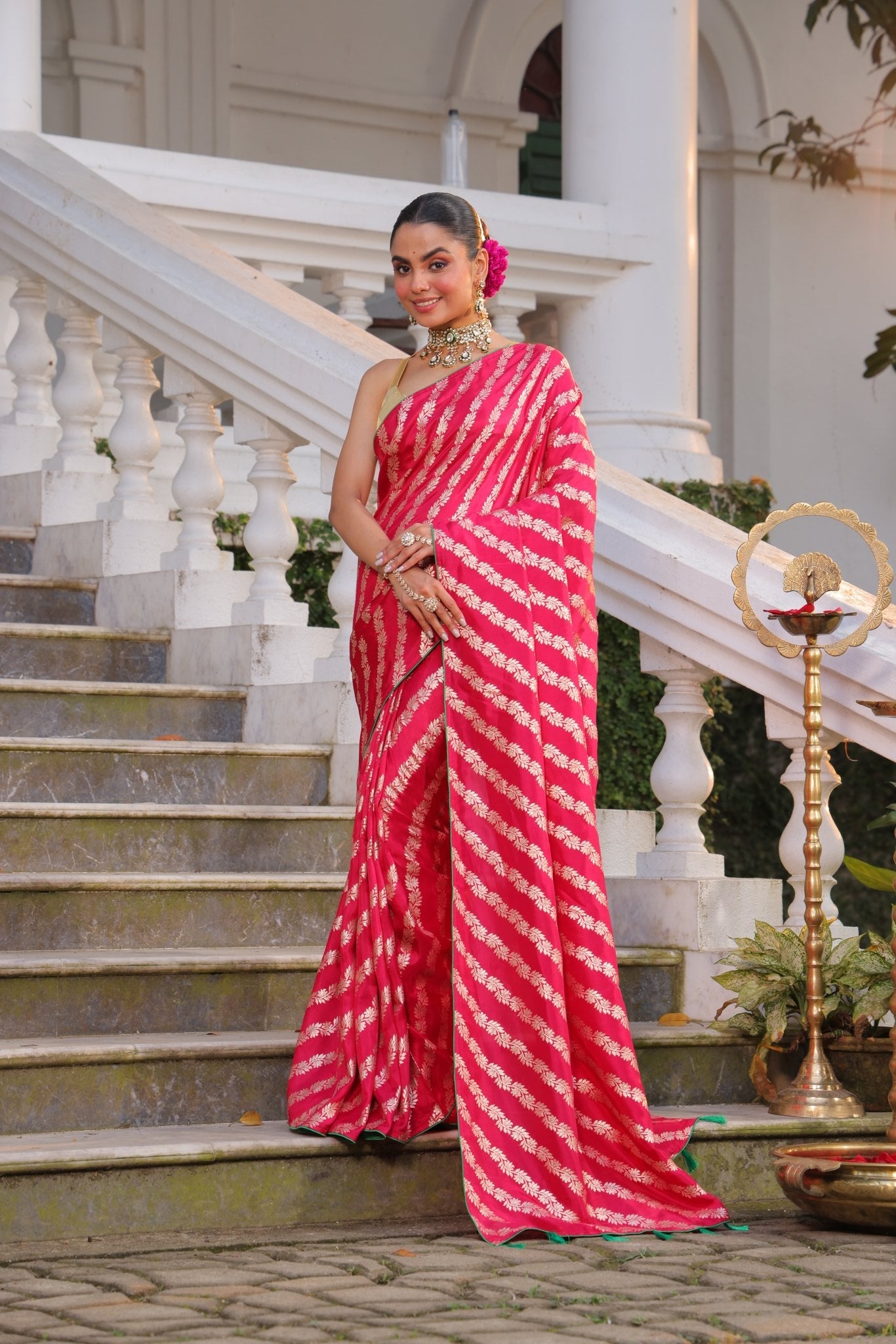 Pure Banarasi Crepe Silk Saree in Leheriya Style Hand Zari Weaving - Kalyanam By Swati