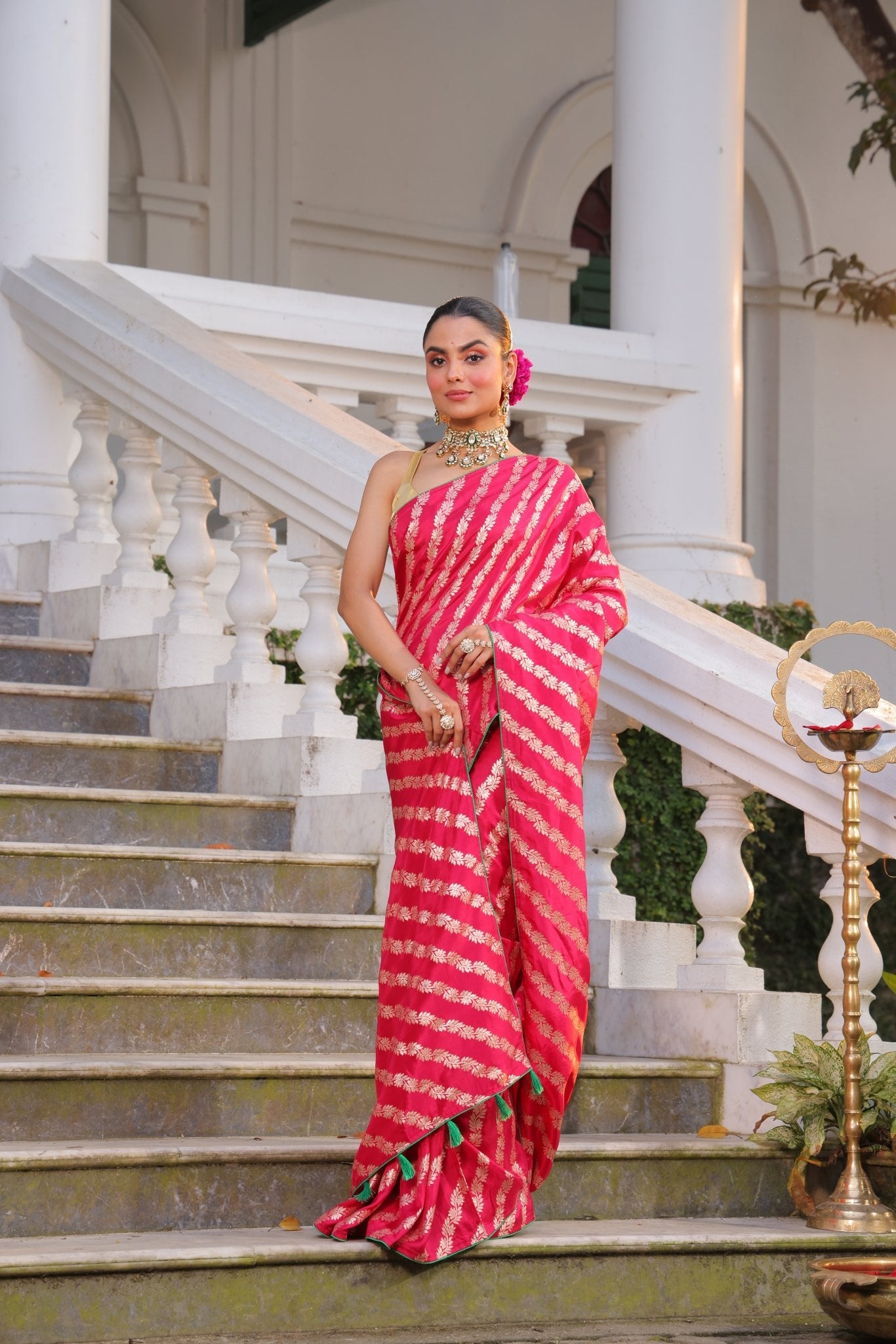 Pure Banarasi Crepe Silk Saree in Leheriya Style Hand Zari Weaving - Kalyanam By Swati