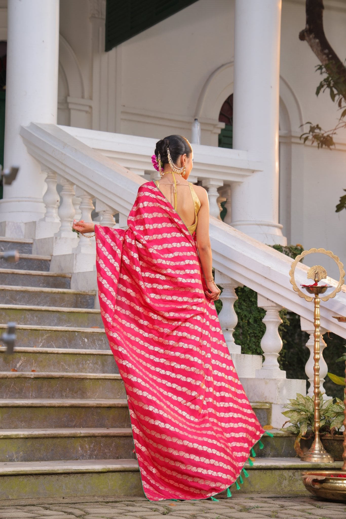 Pure Banarasi Crepe Silk Saree in Leheriya Style Hand Zari Weaving - Kalyanam By Swati