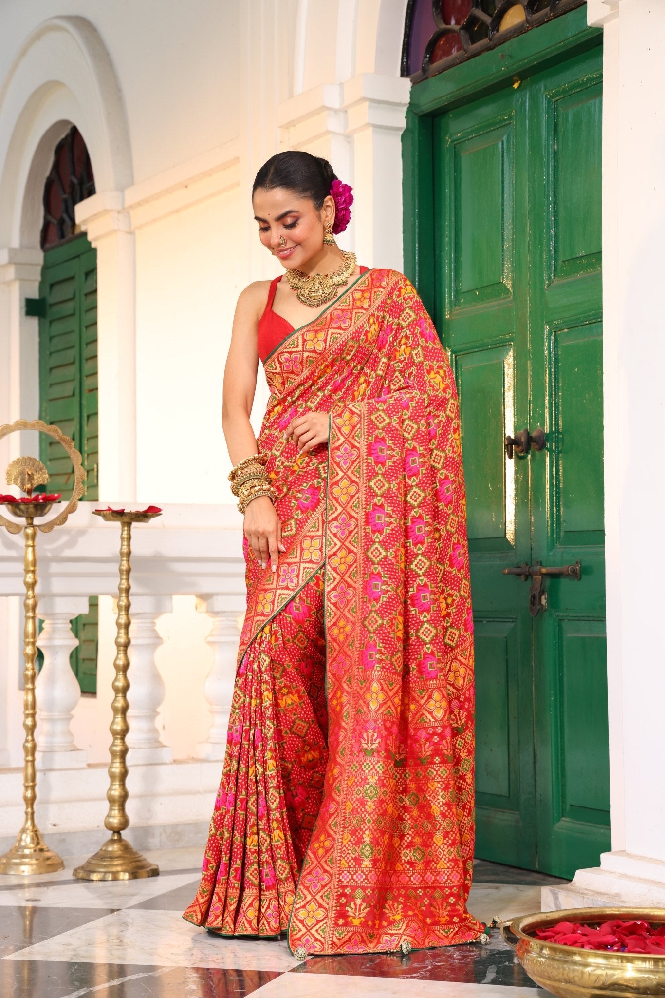 Pure Banarasi Khaddi Georgette Gharchola Bandhej Saree - Kalyanam By Swati