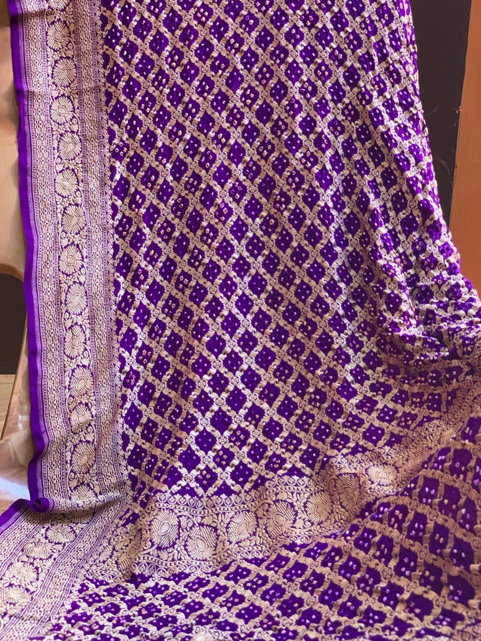 Pure Banarasi Khaddi Georgette Neemzari Hand Bandhej Dupatta - Kalyanam By Swati