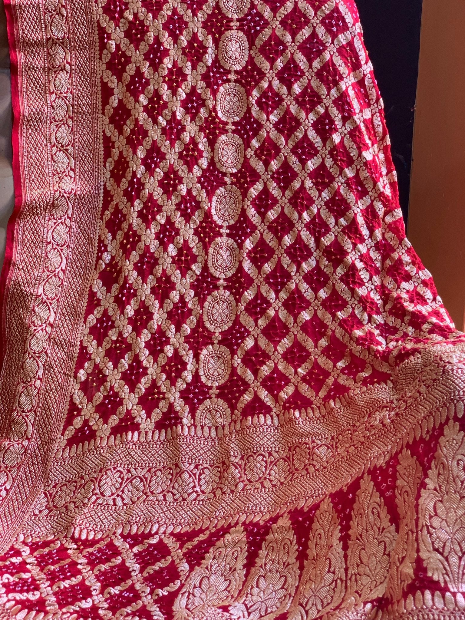 Pure Banarasi Khaddi Georgette Neemzari Hand Bandhej Dupatta - Kalyanam By Swati